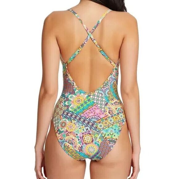 Bleu Rod Beattie Sz 4 Multi Seriously Sunny X-Back Surplice 1-Pc Swimsuit - Picture 8 of 8